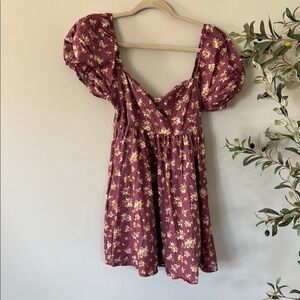 Altar'd State Floral Puff Sleeve Dress - Burgundy and Yellow